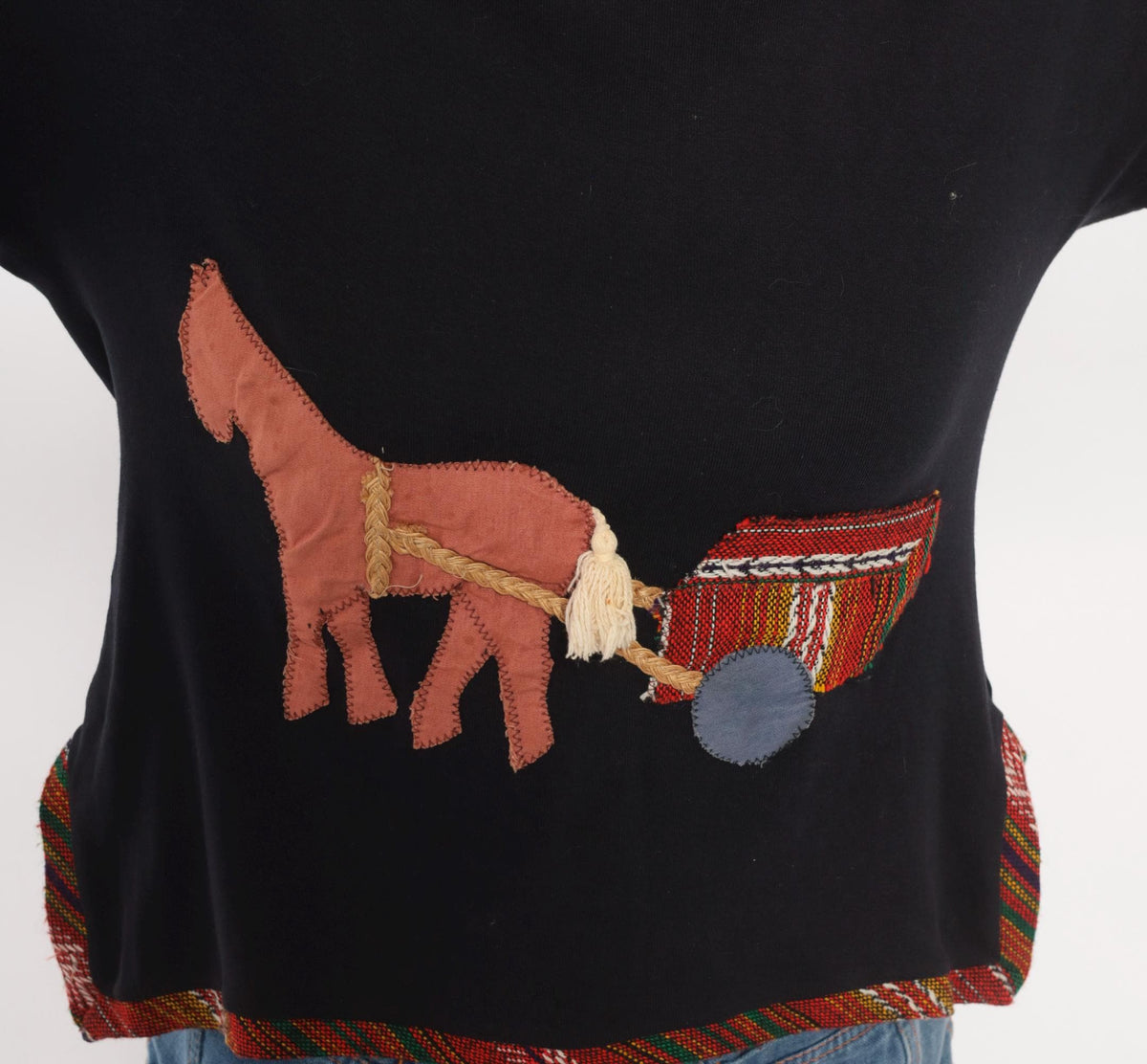 Y2K Black Cotton Horse Appliqué Top Square Neck Woven Trim Medium M
