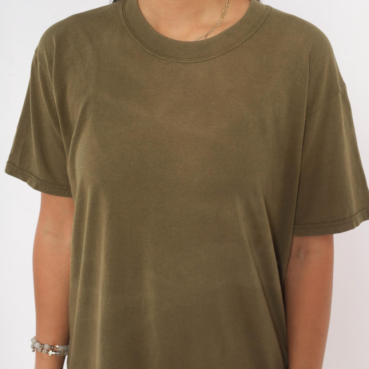 Y2K Duke Olive Green T-Shirt Boxy Crew Neck Plain Tee Medium M