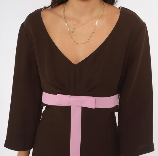 Y2K Robbie Bee Brown Midi Dress Pink Bow Belt V-Neck Empire Waist Large L