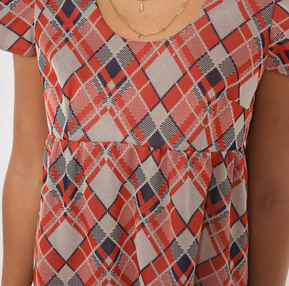 70s Argyle Plaid Mini Dress Orange Navy Cream Flutter Sleeve Empire Waist Extra Small XS