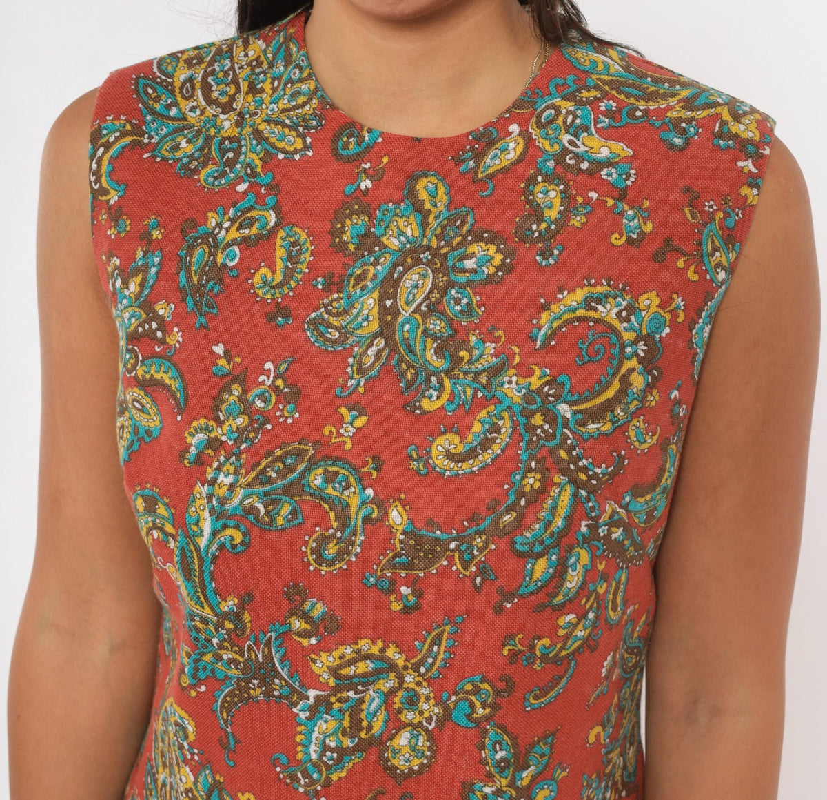 60s John Abbott Paisley Shift Dress Rust Red Knee-Length A-Line Small