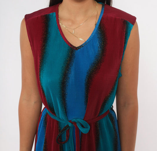 90s Plisse Pleated Ombre Dress Cobalt Blue Burgundy Sleeveless Large