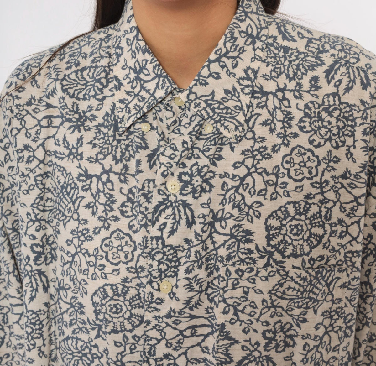 90s Banana Republic Floral Print Cotton Shirt Cream Navy Button Front Extra Large