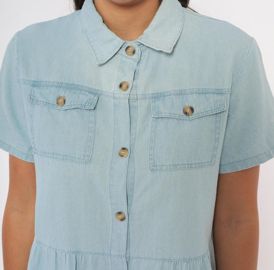 90s Light Blue Chambray Denim Shirt Dress Tiered Knee-Length Cotton Small S