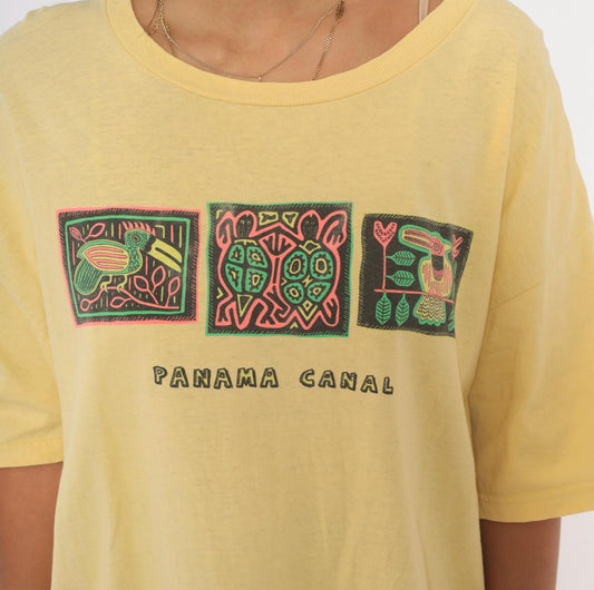 90s Panama Canal Souvenir Tee Yellow Cotton Toucan Turtle Bird Graphic Extra Large