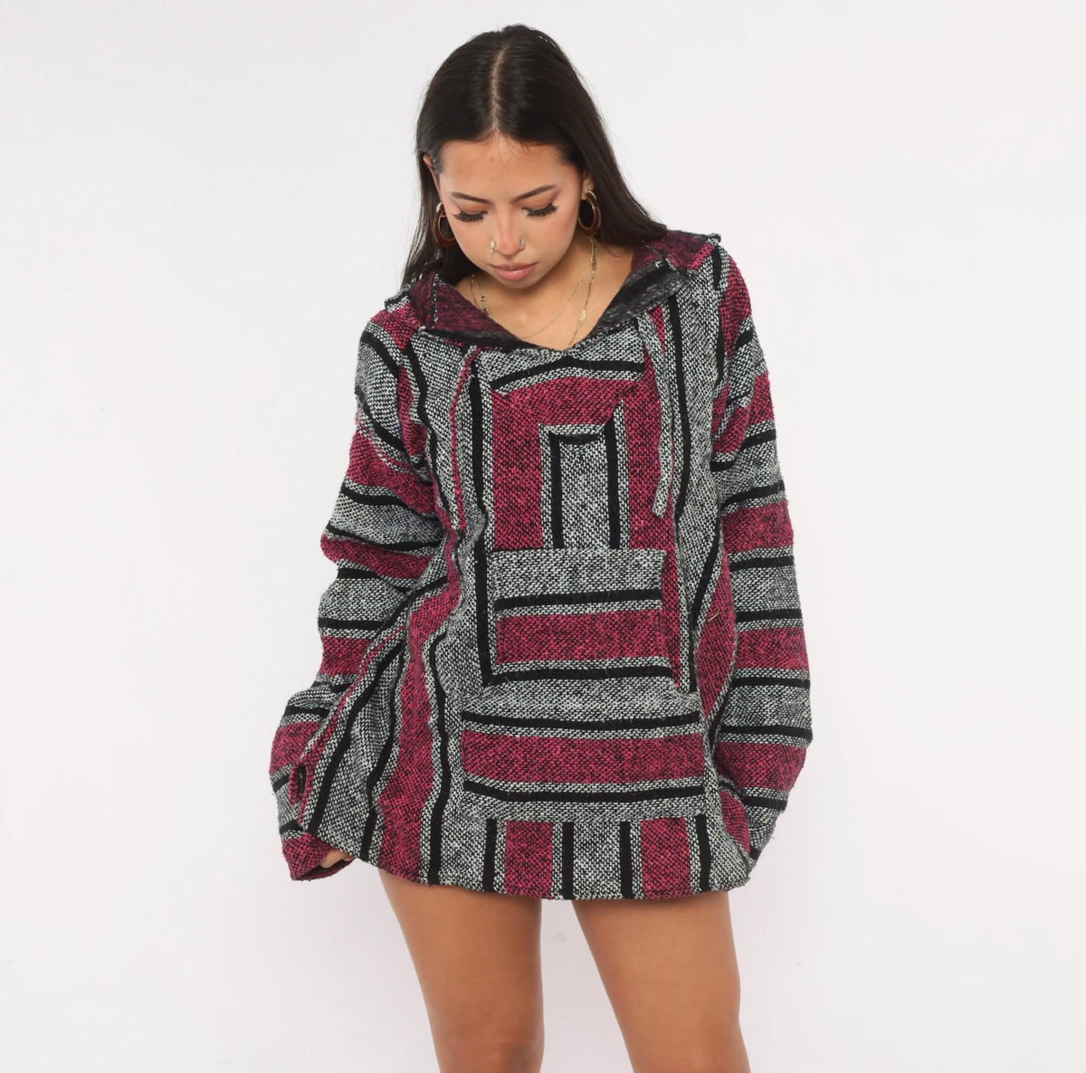 90s Baja Hoodie Pink Black Grey Striped Woven Pullover Large L