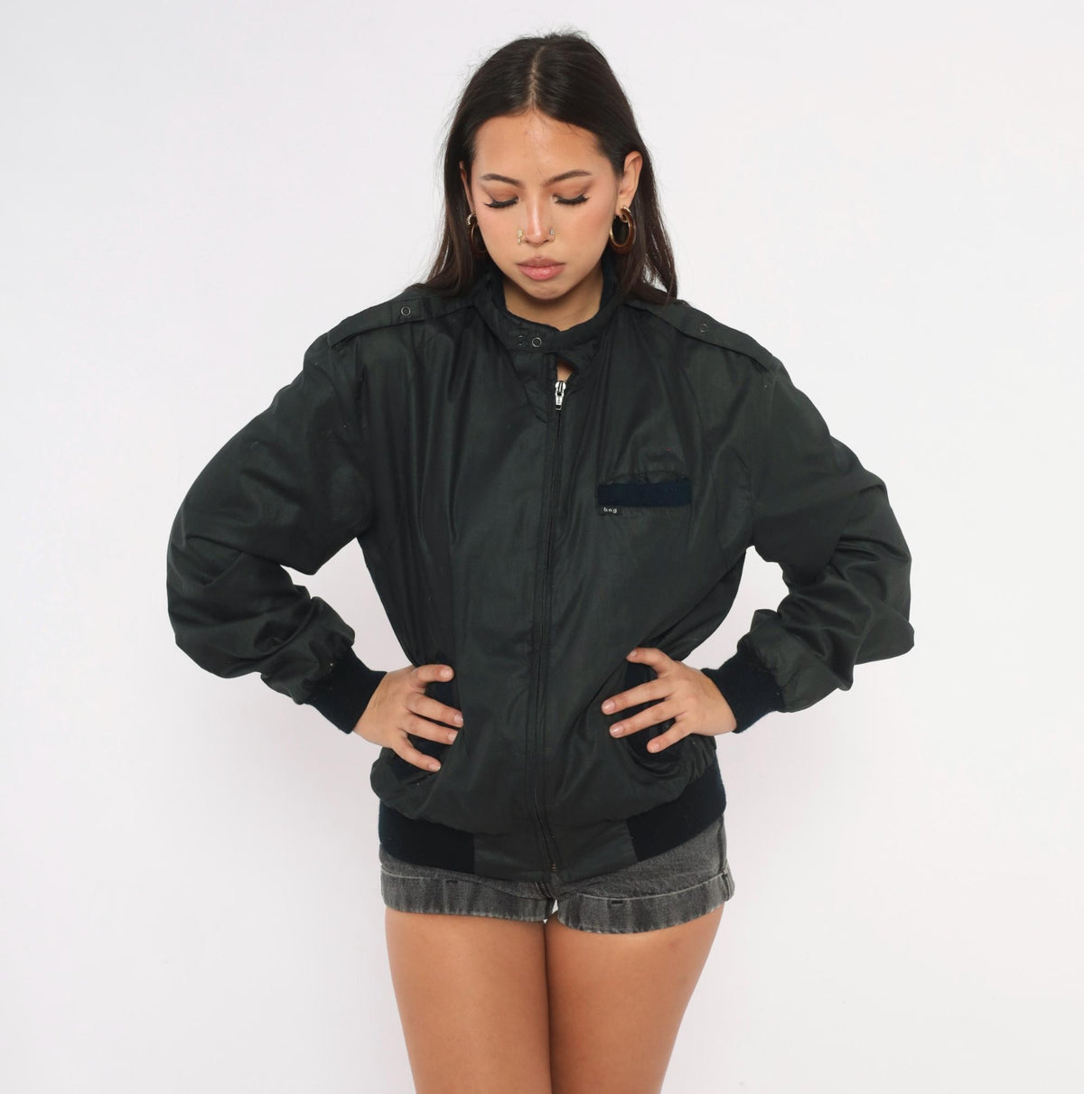 80s Bog Black Bomber Jacket Cotton Epaulette Stand Collar Small