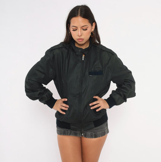 80s Bog Black Bomber Jacket Cotton Epaulette Stand Collar Small