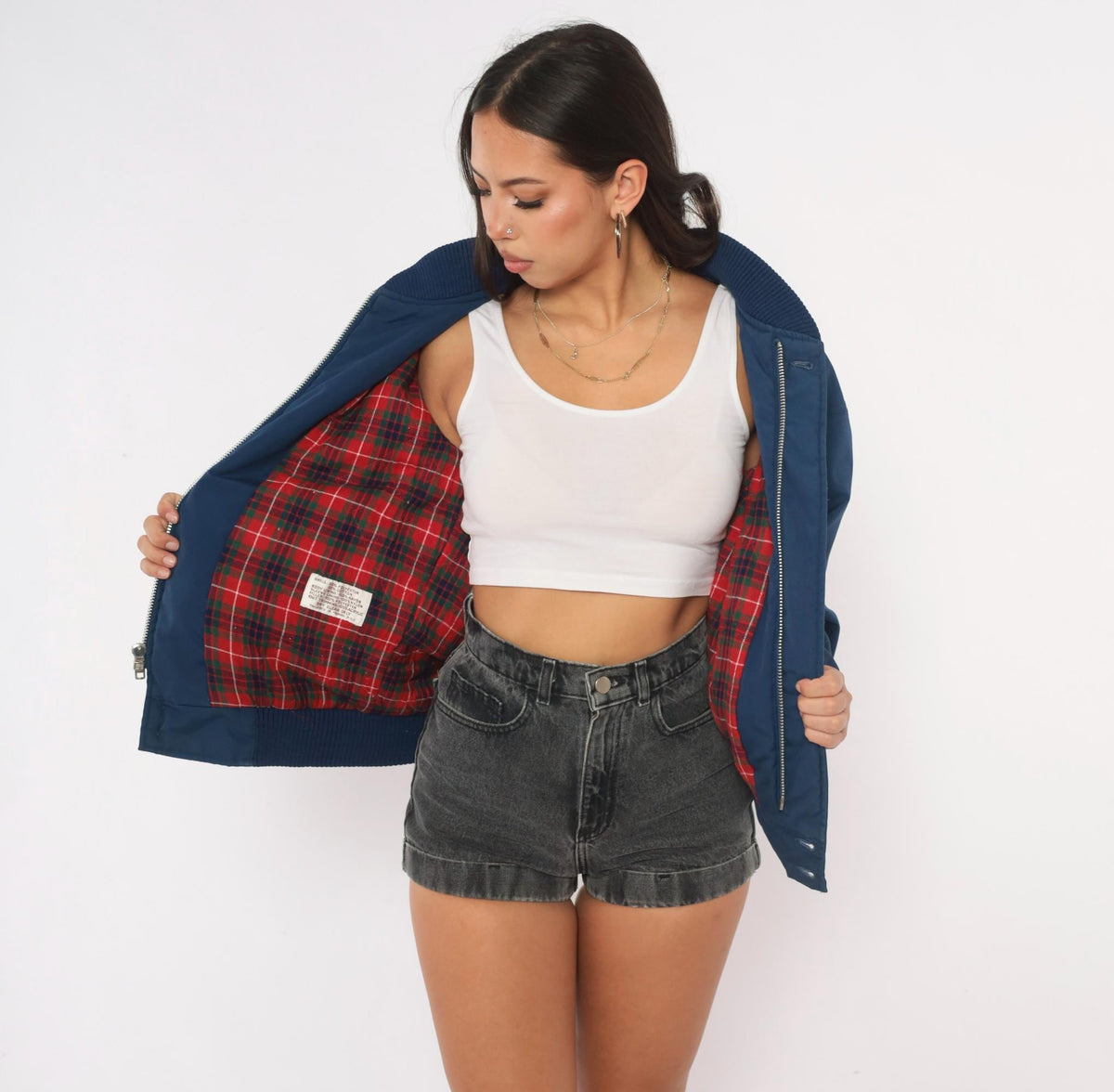 80s Baracuta Bomber Jacket Navy Blue Tartan Lining Medium