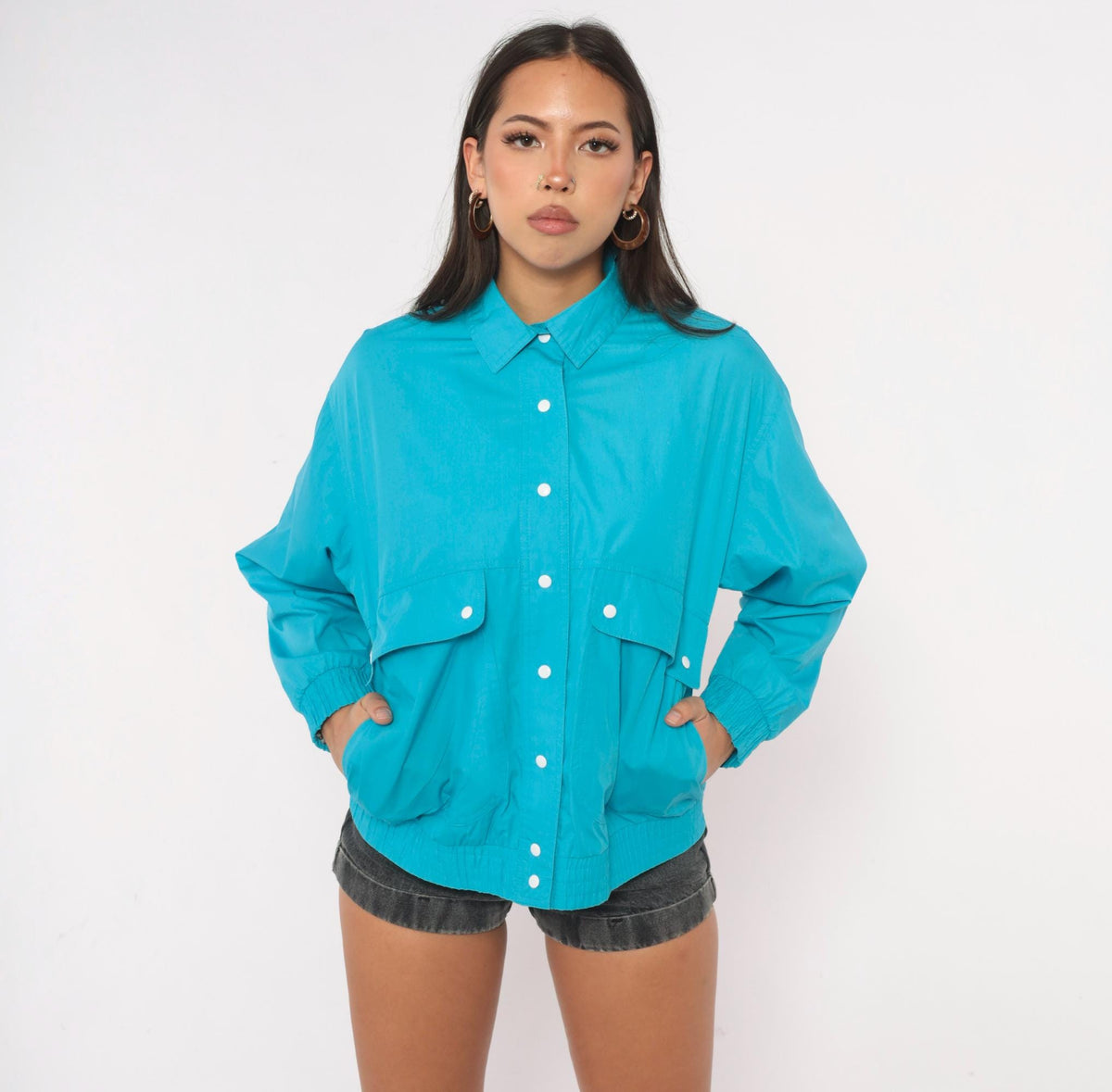 80s Koret Petites Teal Bomber Jacket Snap Front Pointed Collar Small S