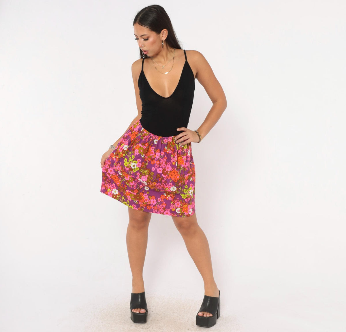 70s Floral Mini Skirt Purple Pink A-Line Gathered Waist Cotton Small
