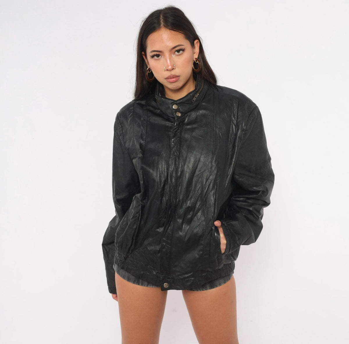 90s Black Leather Bomber Jacket Golden Collection Raffaelo Moto Boxy Medium