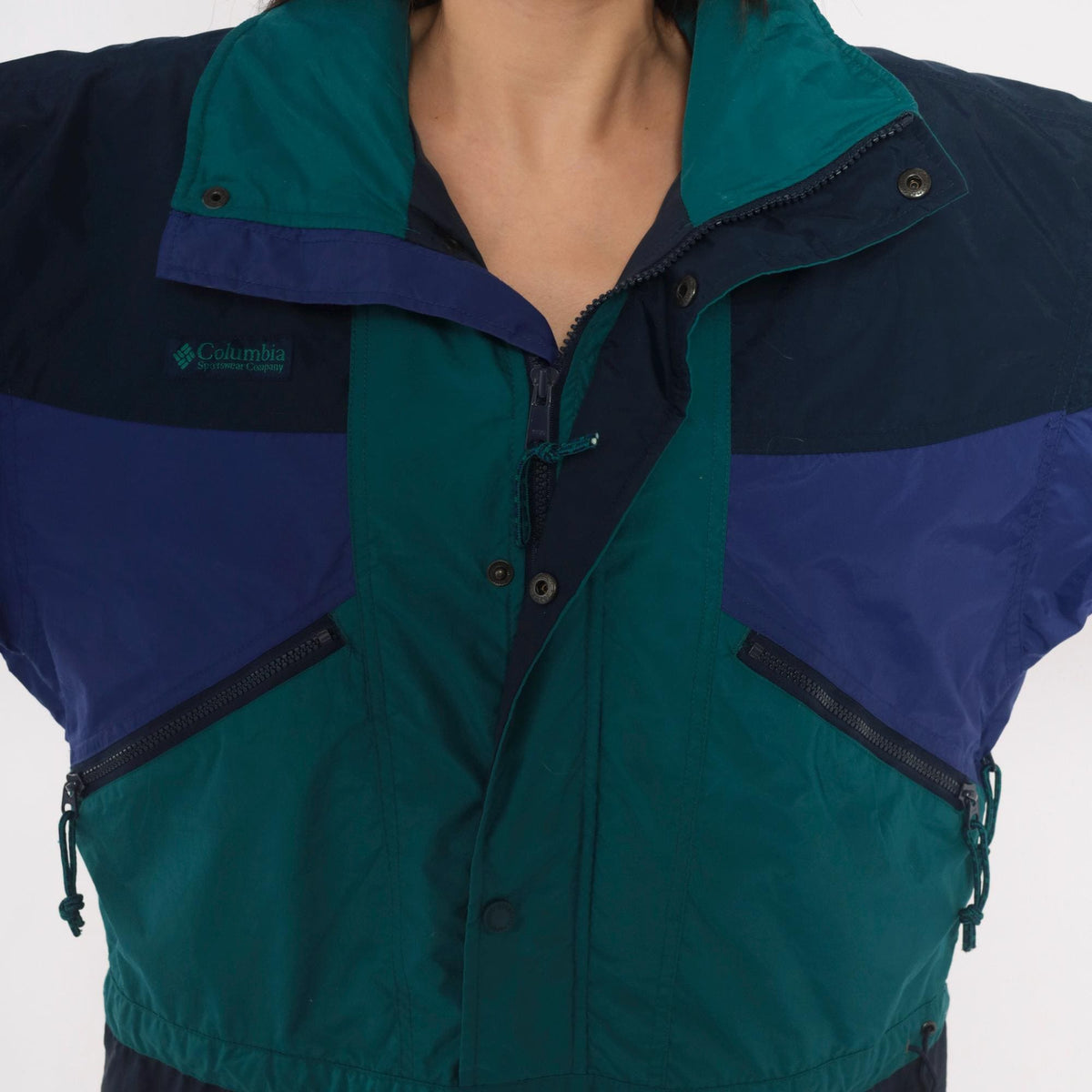 90s Columbia Anorak Navy Teal Purple Color Block Windbreaker Half Zip Small