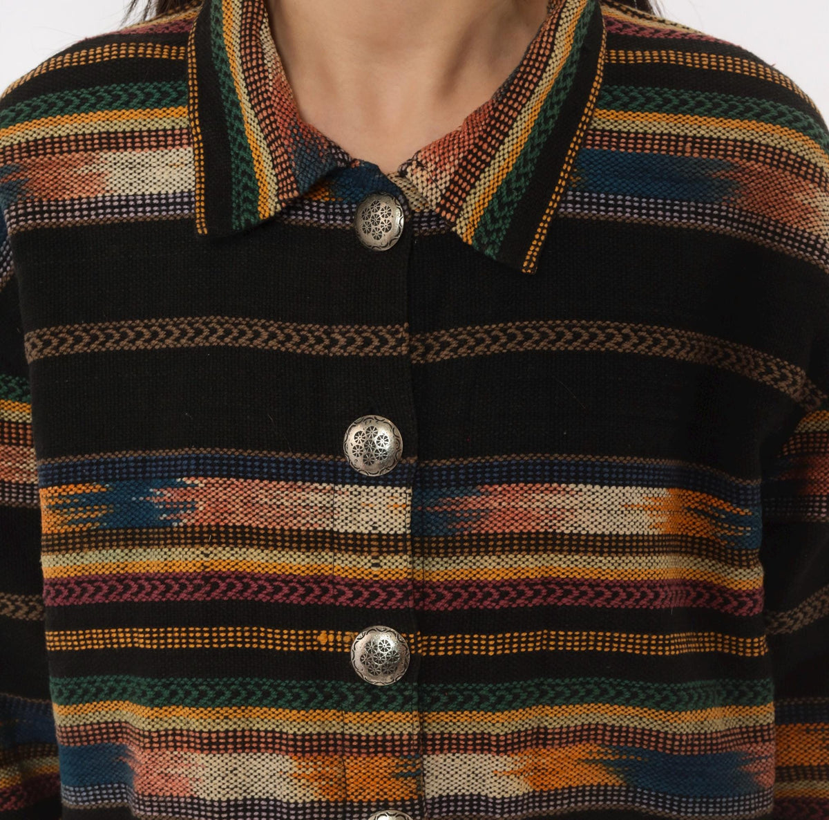90s TanTrums Southwestern Woven Jacket Black Tapestry Concho Button Medium