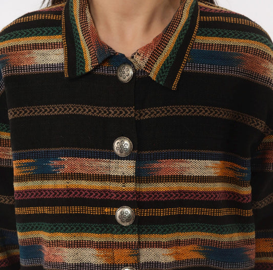 90s TanTrums Southwestern Woven Jacket Black Tapestry Concho Button Medium