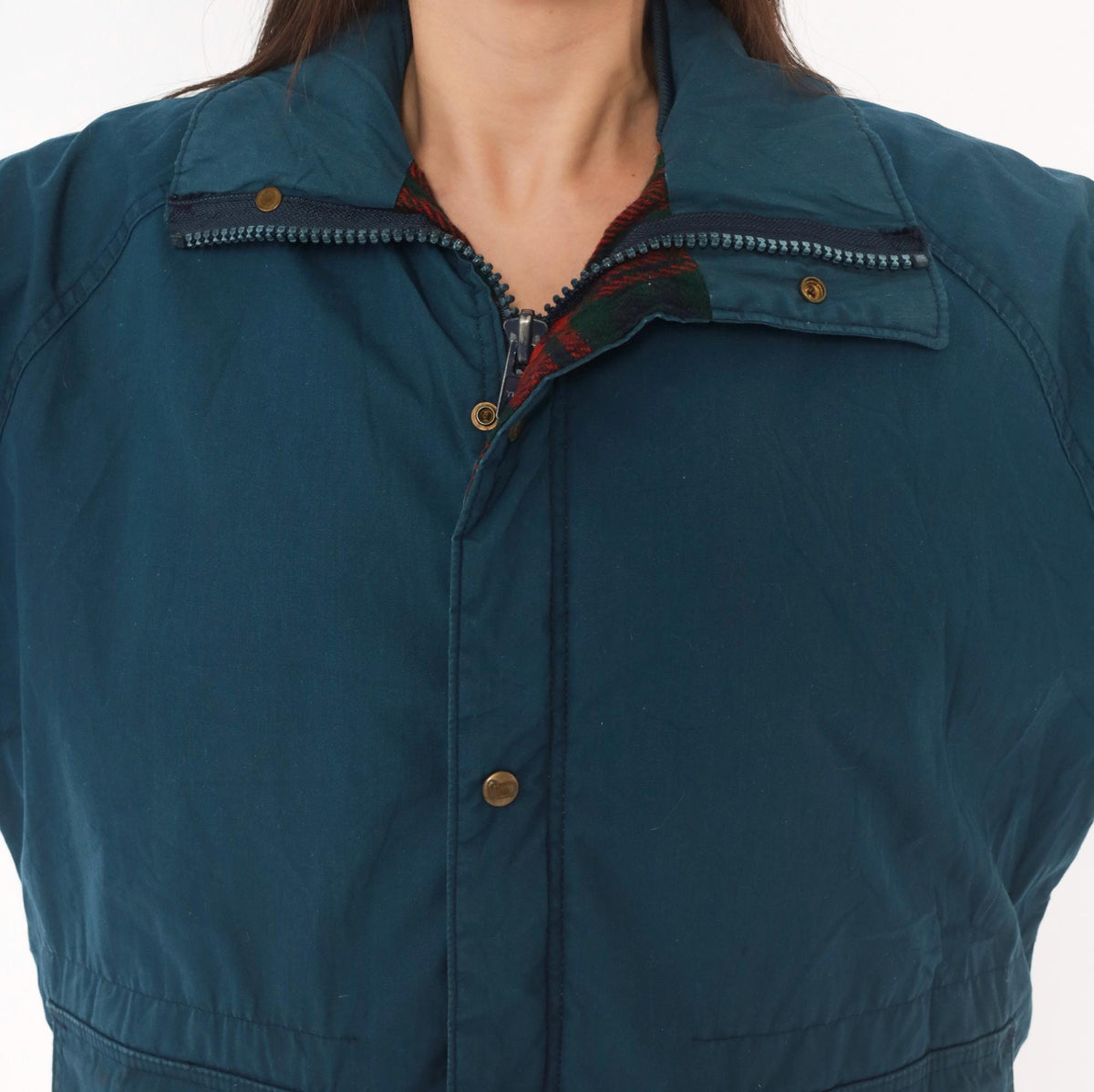 80s Woolrich Navy Barn Jacket Plaid Flannel Lined Raglan Medium
