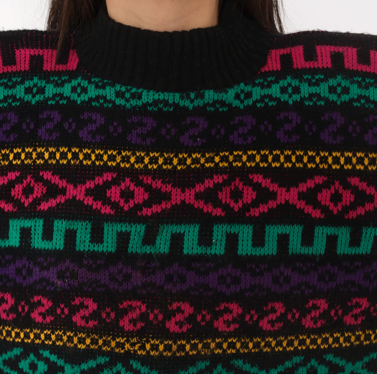 90s Private Eyes Fair Isle Sweater Black Rainbow Geometric Knit Large L