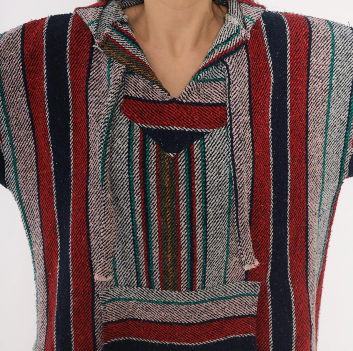 90s Baja Hoodie Red Navy Striped Woven Pullover Unisex Extra Large XXL
