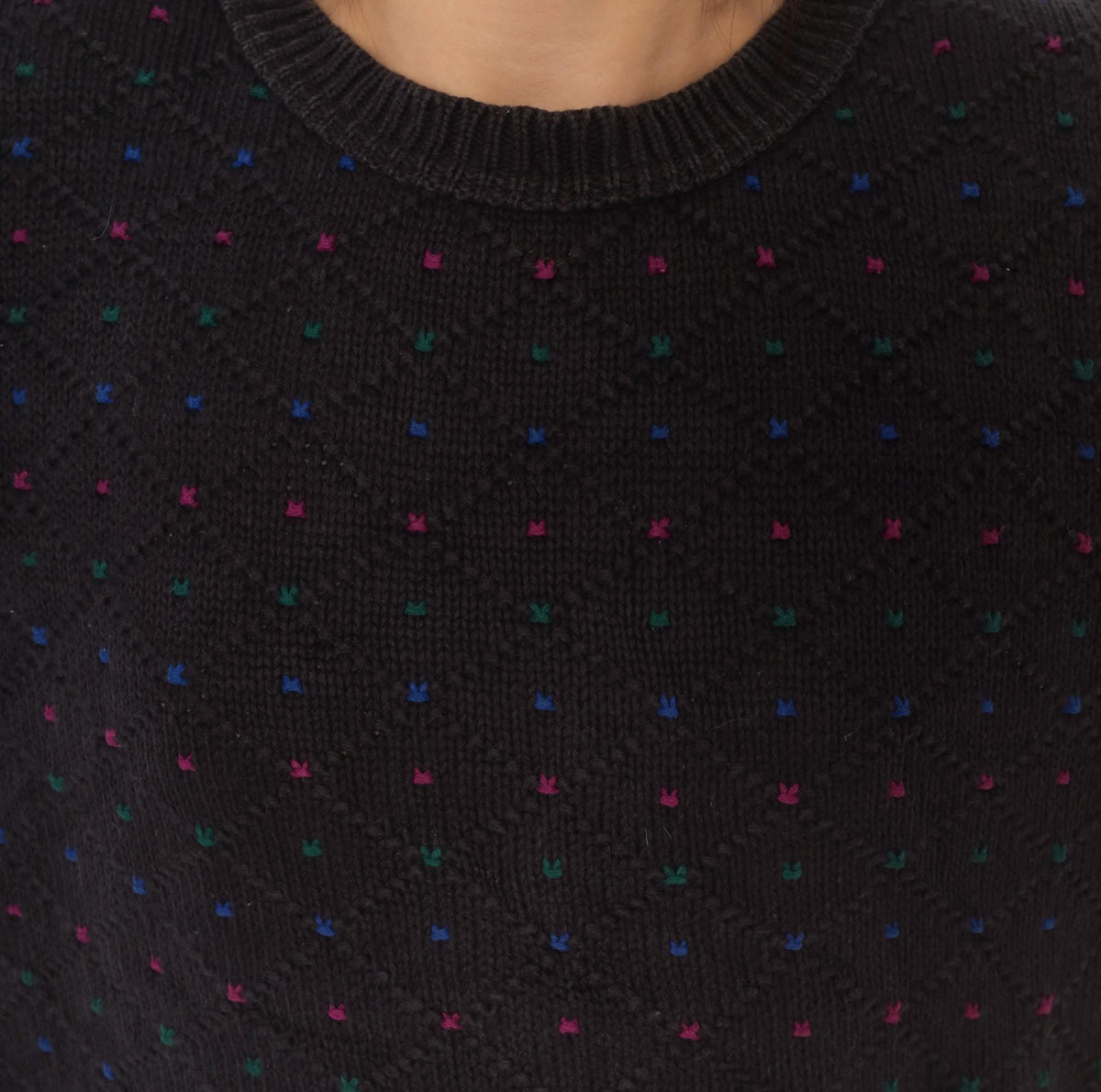 80s Eddie Bauer Cotton Knit Pullover Navy Diamond Pattern Medium