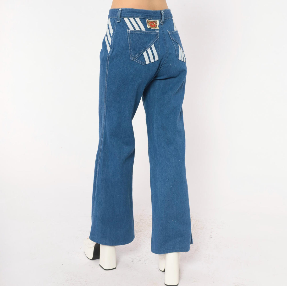 70s Viceroy Sportswear Bell Bottom Jeans Blue Denim White Stripe Medium