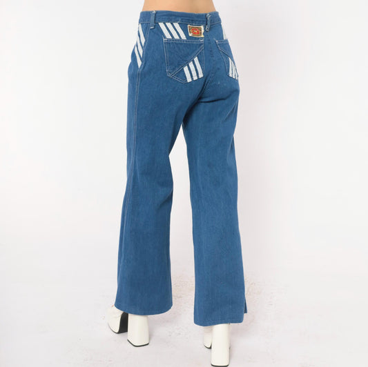 70s Viceroy Sportswear Bell Bottom Jeans Blue Denim White Stripe Medium