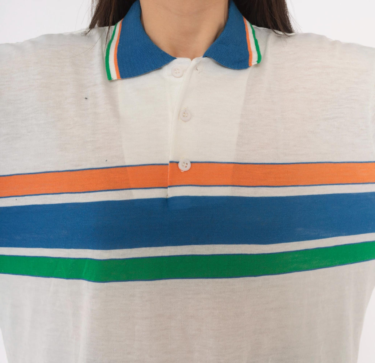 80s Robert Bruce Striped Polo Shirt White Blue Orange Green Extra Large
