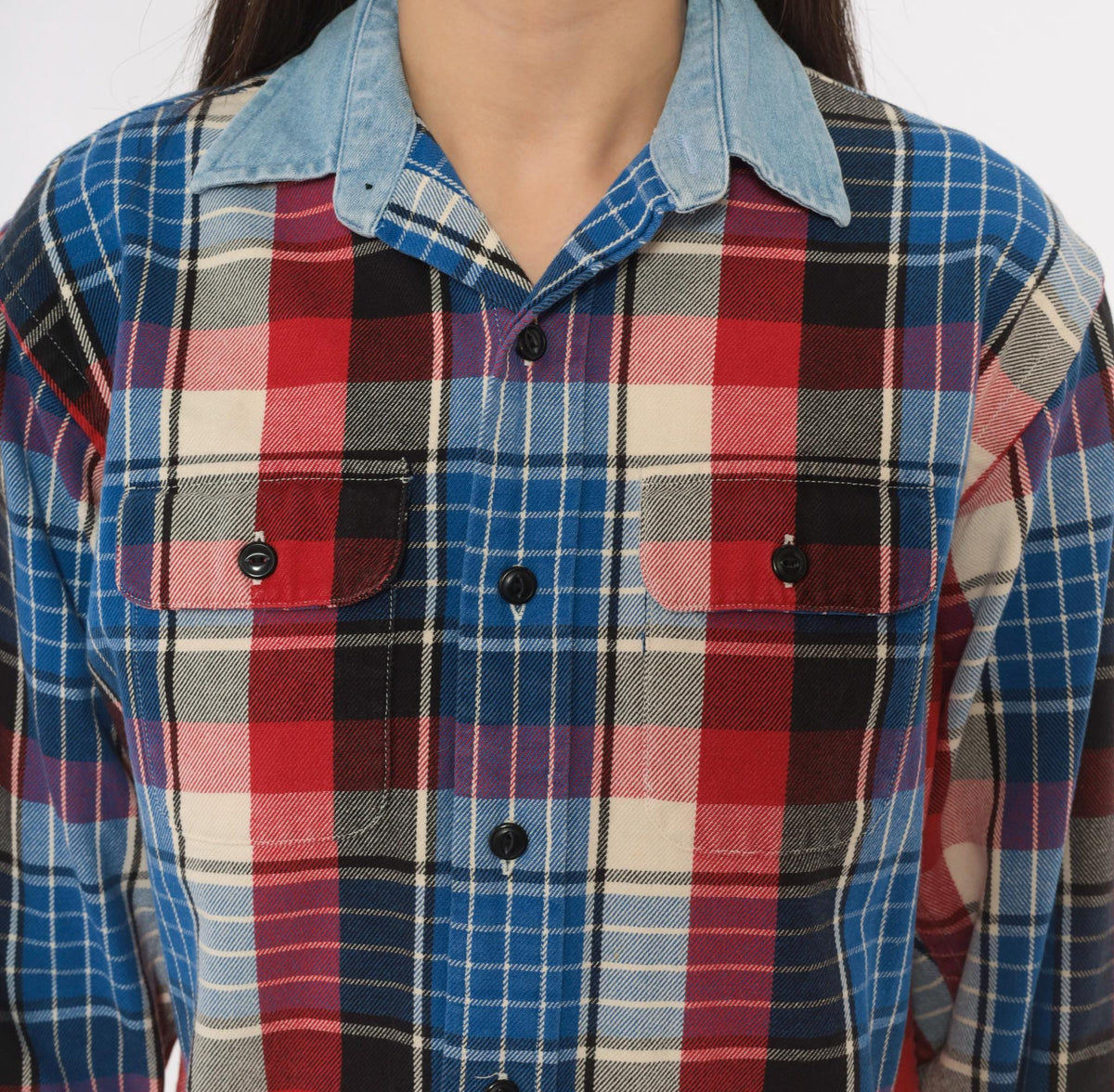 90s Plaid Flannel Shirt Blue Red Cotton Button-Up Small