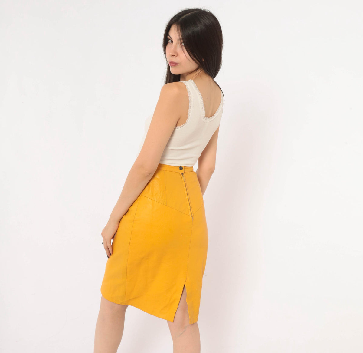 90s Forenza Mustard Yellow Leather Pencil Skirt High Waist Knee Length Extra Small XS