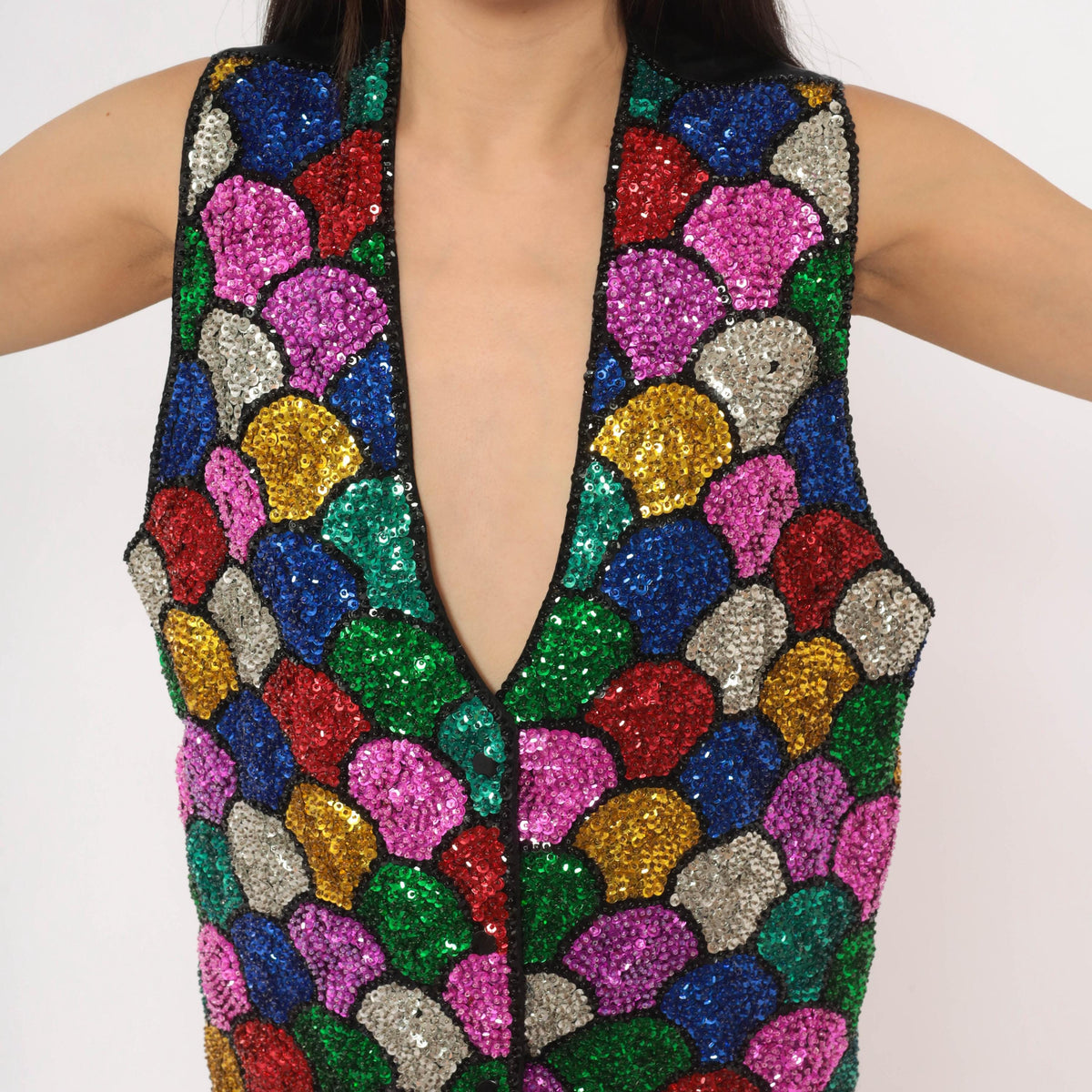 90s Ana Mori Rainbow Sequin Vest Multicolor Mosaic Scale V-Neck Large L