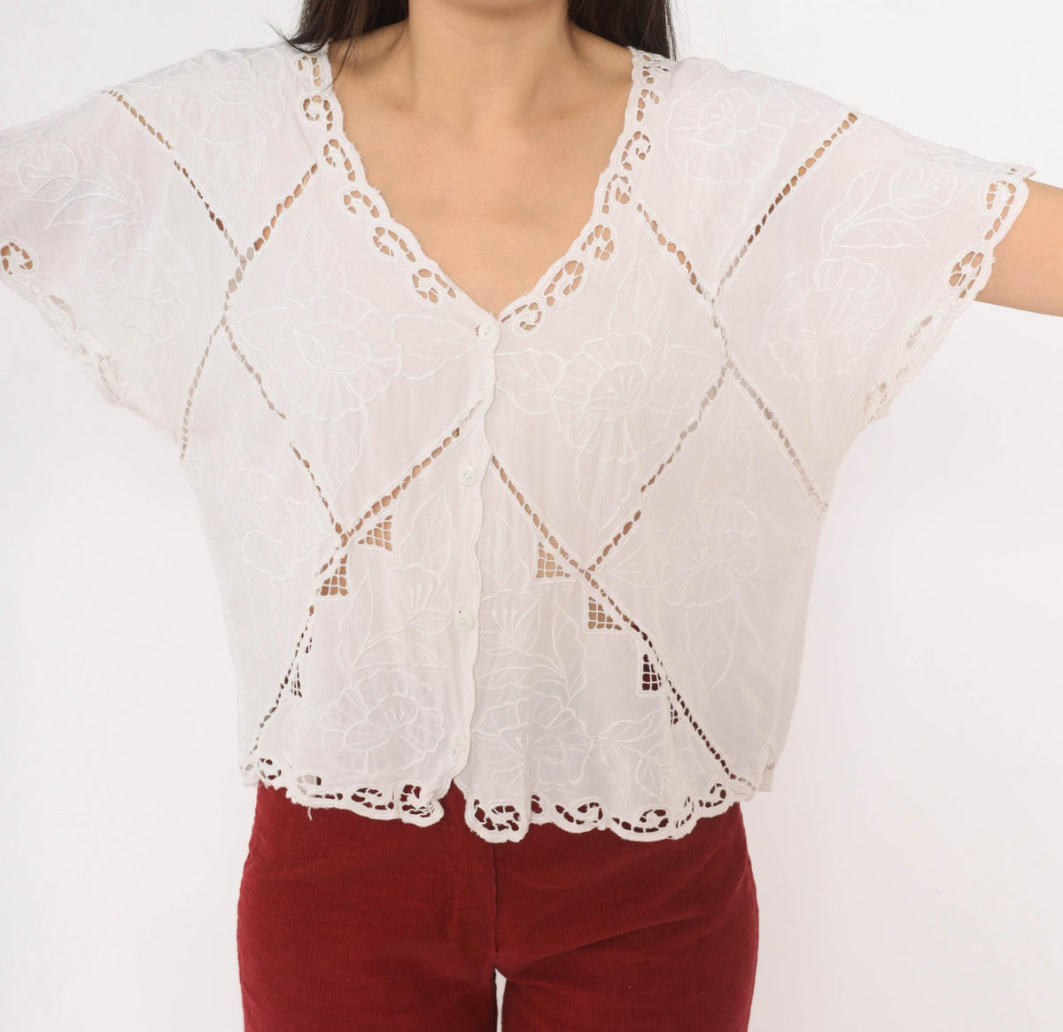 90s Hibis White Cutwork Eyelet Blouse Embroidered Floral Flutter Sleeve Large
