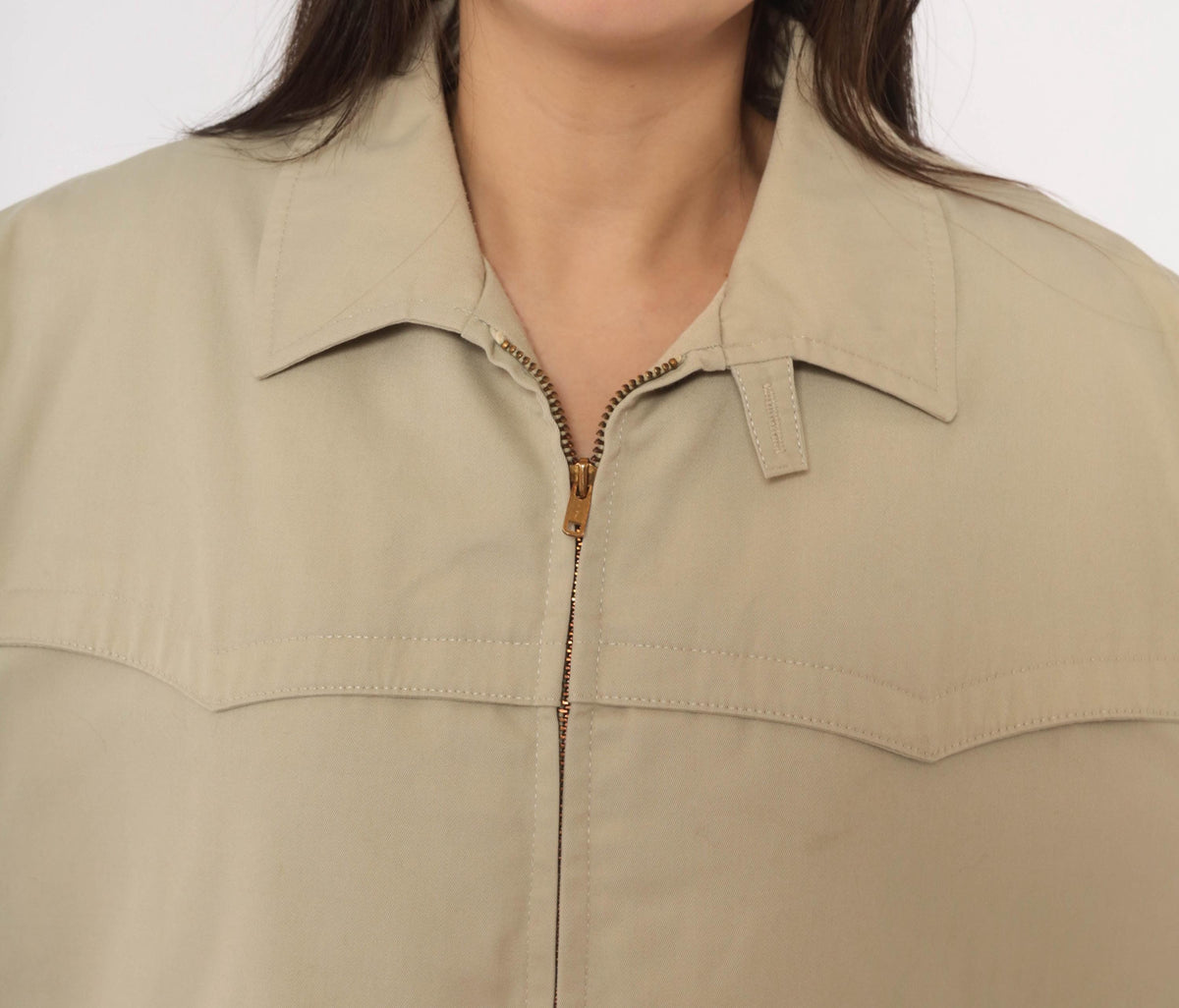 80s Sears Beige Harrington Jacket Western Yoke Pointed Collar Unisex Large