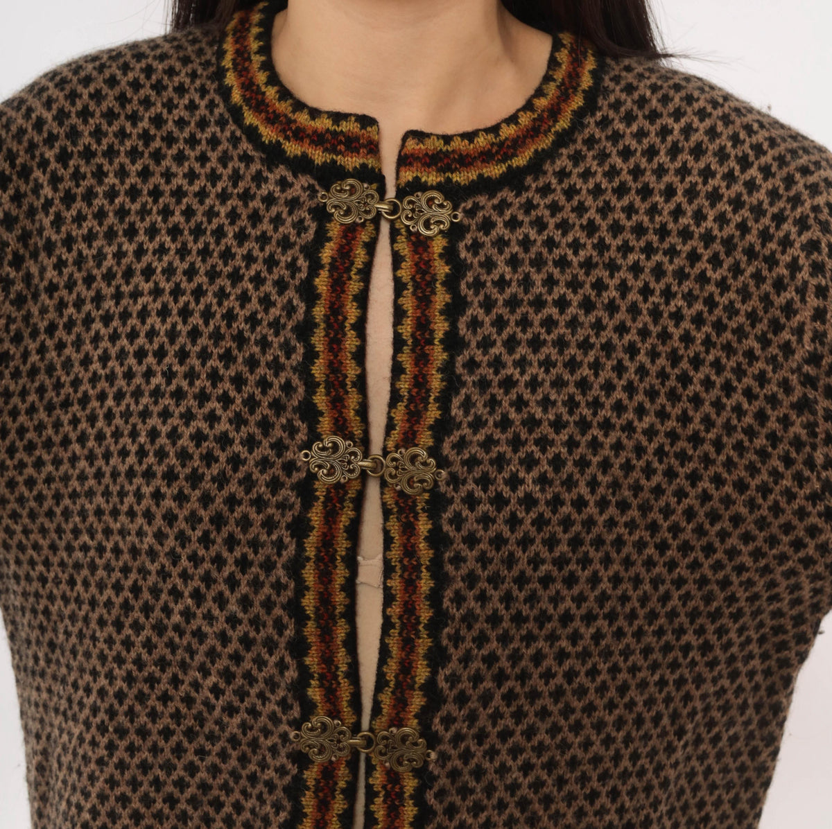 90s Skyr Wool Cardigan Black Tan Fair Isle Nordic Knit Small S