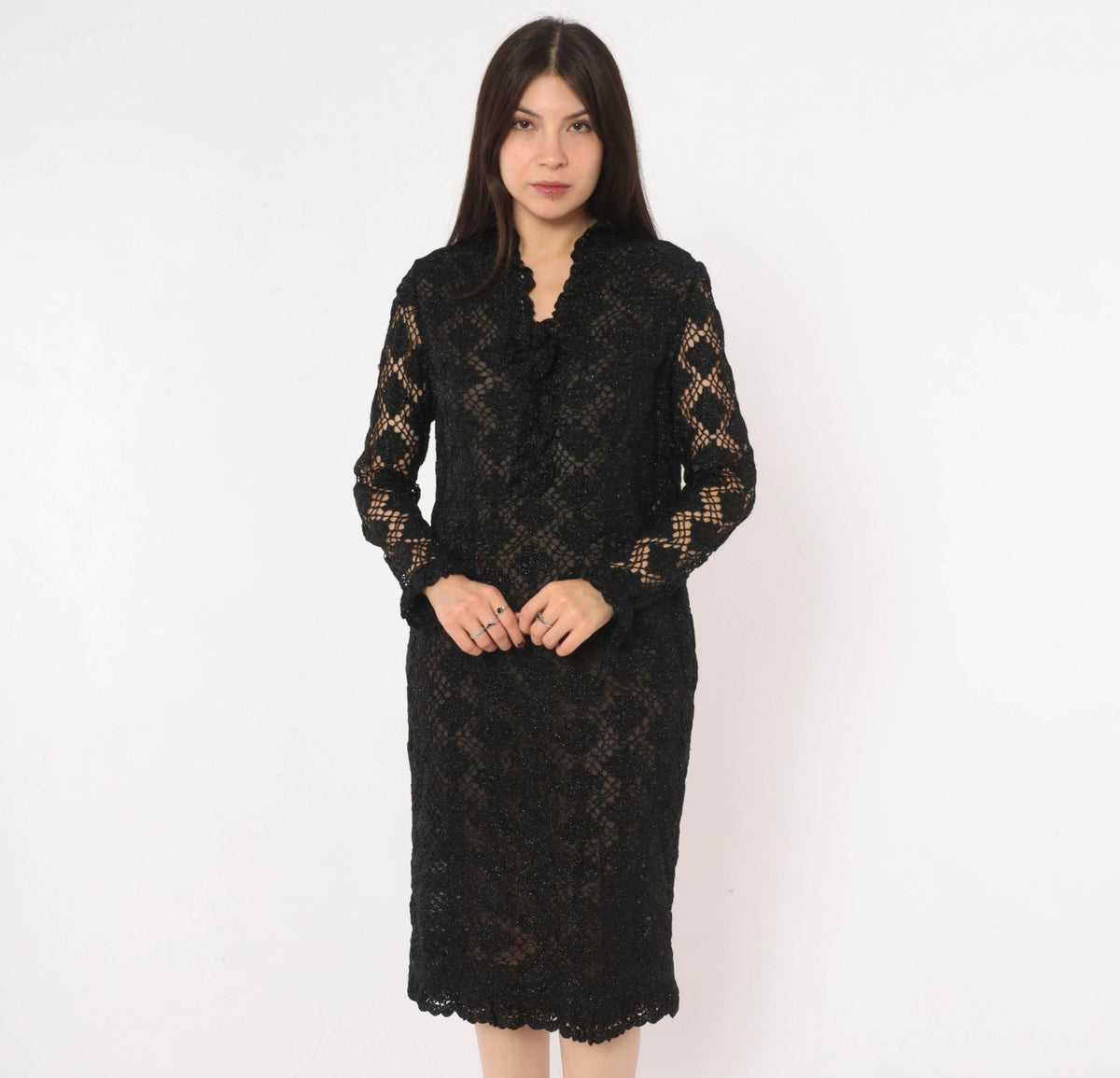 70s Black Crochet Lace Dress Metallic Sparkle Long Sleeve Knee-Length Small