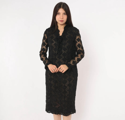 70s Black Crochet Lace Dress Metallic Sparkle Long Sleeve Knee-Length Small