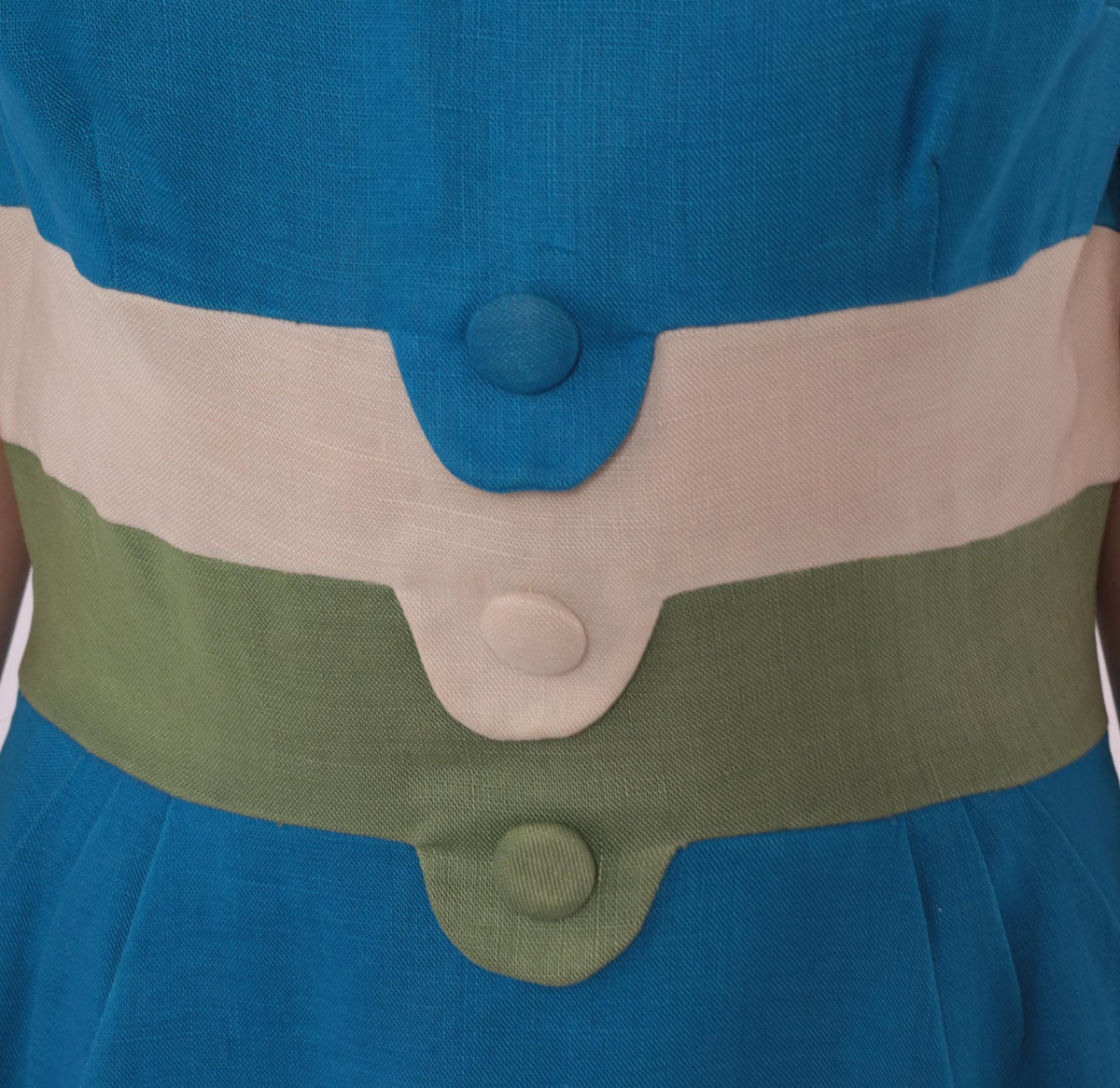 60s Teal Linen Sheath Dress Color Block Cream Olive Boat Neck Small