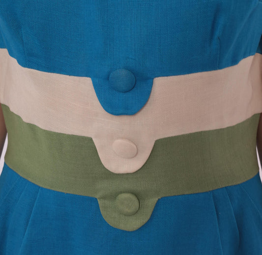 60s Teal Linen Sheath Dress Color Block Cream Olive Boat Neck Small