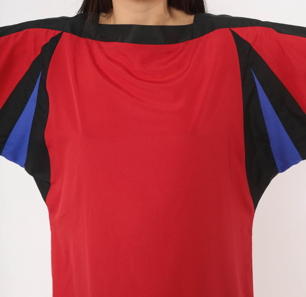 80s Red Color Block Shift Dress Batwing Dolman Sleeve Boat Neck Medium