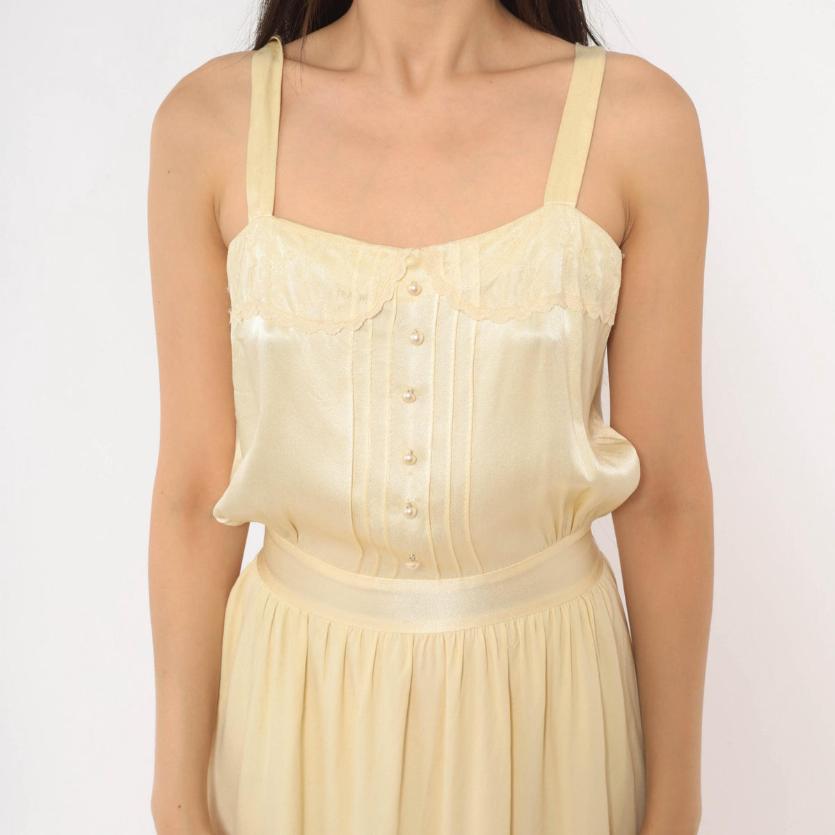 70s Gunne Sax Maxi Dress Cream Satin Lace Pearl Button Spaghetti Strap Medium M