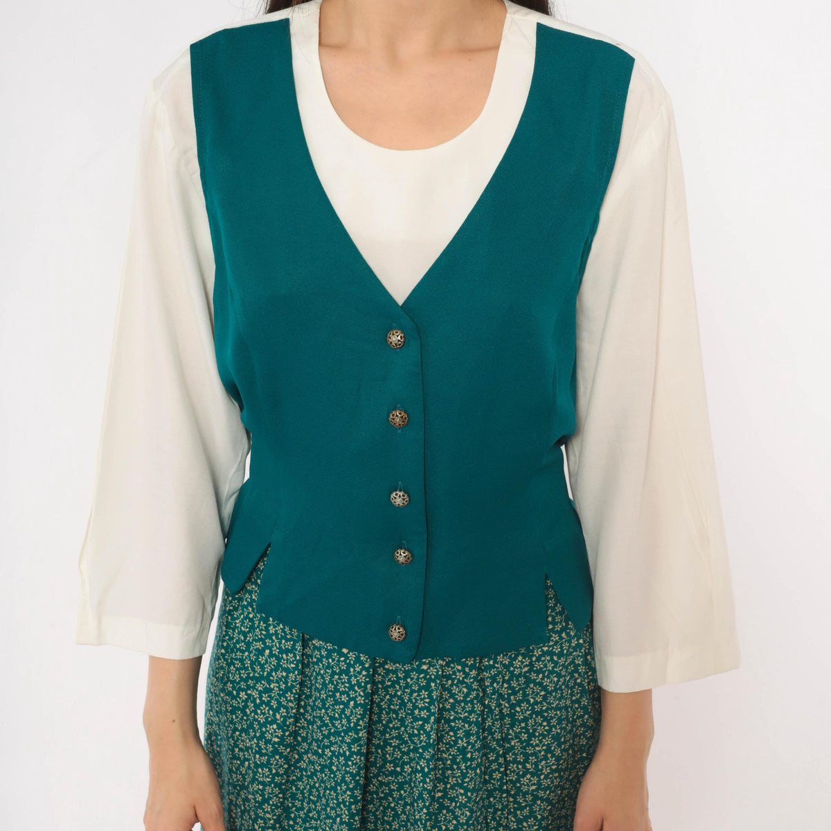 90s Olivia Rose Ditsy Floral Midi Dress Teal Green Vest Bodice Large L