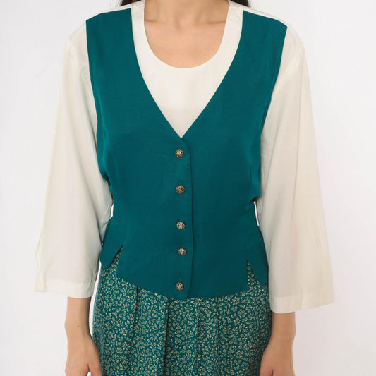 90s Olivia Rose Ditsy Floral Midi Dress Teal Green Vest Bodice Large L