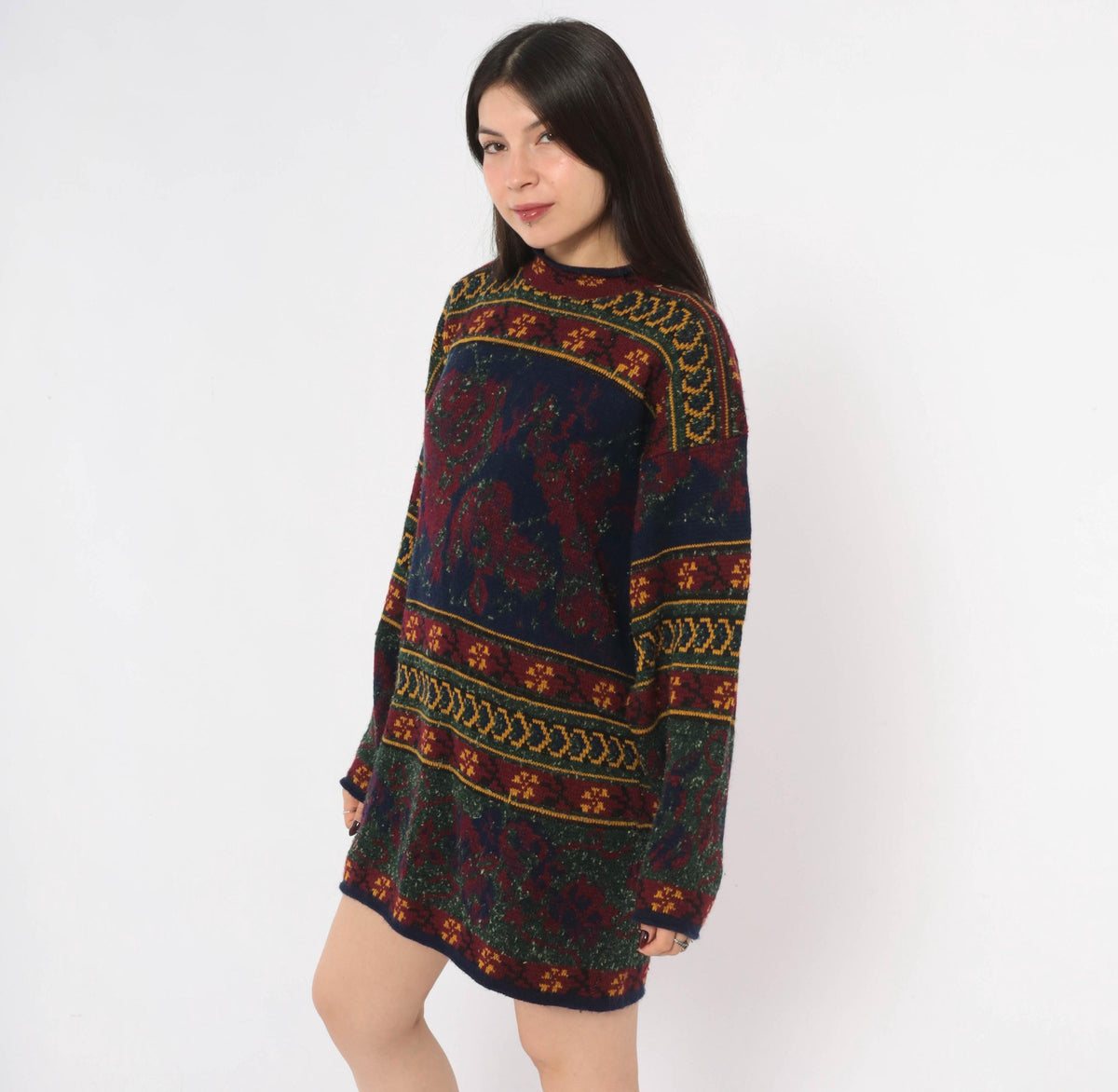 90s Colter Bay Sweater Dress Burgundy Navy Floral Fair Isle Mock Neck Medium