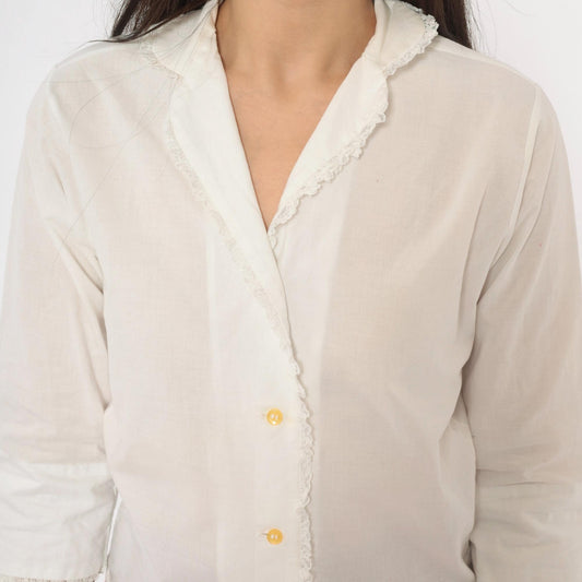 70s Lady Manhattan White Cotton Blouse Lace Trim V Neck Three Quarter Sleeve Extra Small