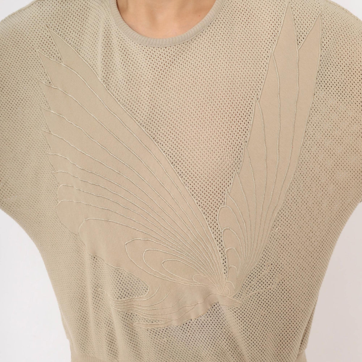 80s Stephanie Beige Mesh Knit Top Dolman Batwing Butterfly Appliqué Medium