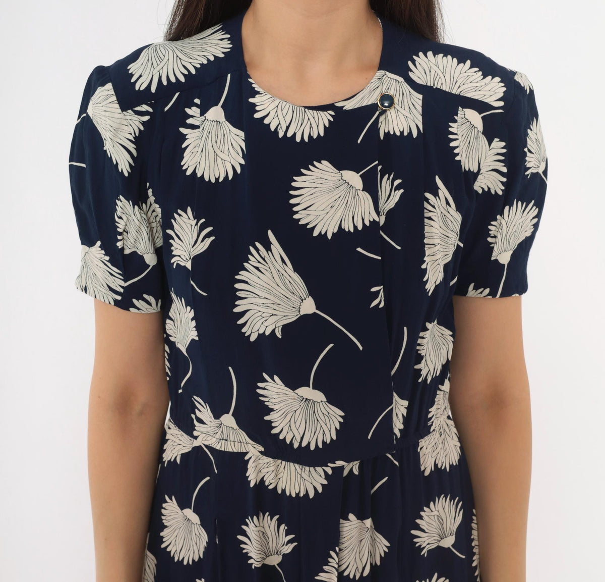 90s Liz Claiborne Navy Floral Dress White Daisy Print Puff Sleeve Small S