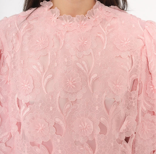 80s Bernadette Designs Pink Maxi Dress Floral Embroidered Puff Sleeve Large L
