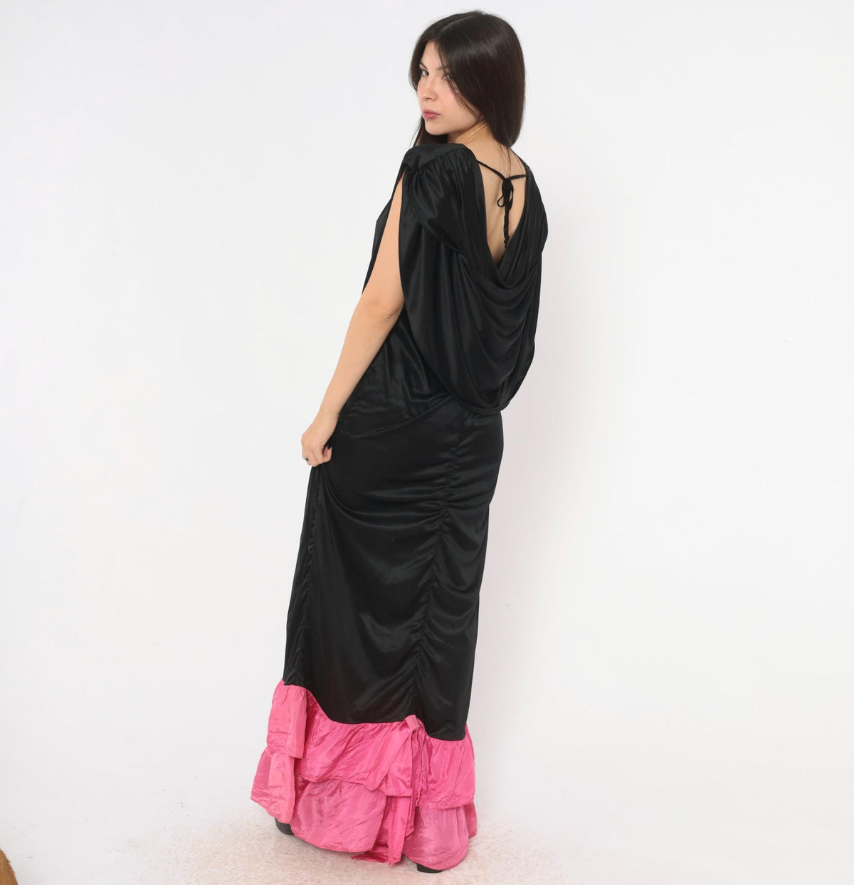 80s Black Satin Maxi Dress Fuchsia Ruffle Cowl Open Back Evening Gown Extra Large