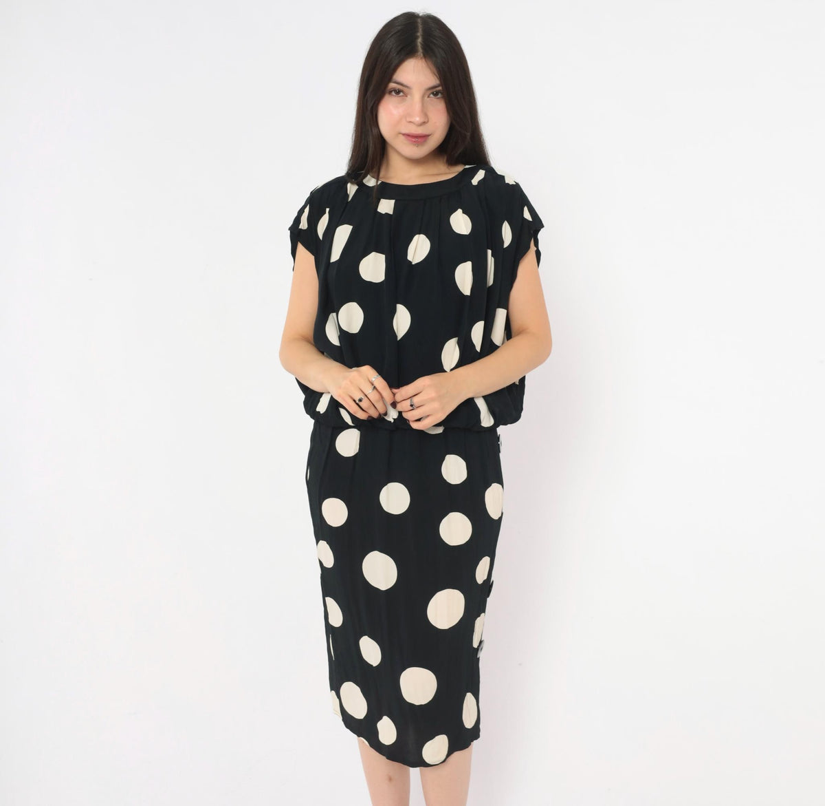 90s Chetta B Polka Dot Midi Dress Black Cream Cap Sleeve Small S