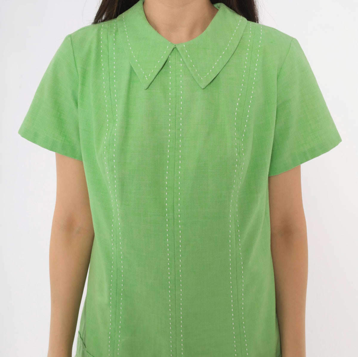 60s Mod Lime Green Shift Dress Peter Pan Collar Pleated Skirt Medium M