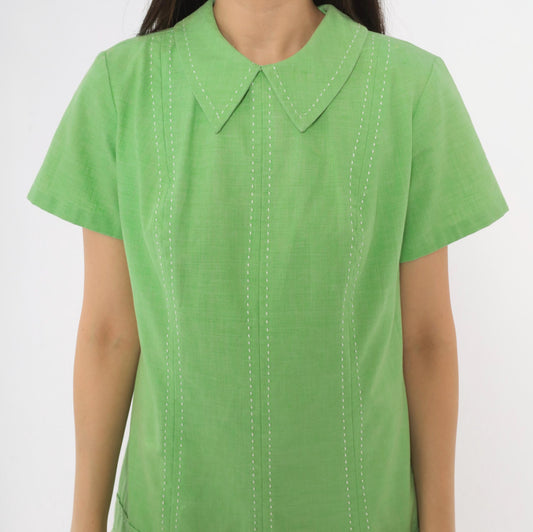 60s Mod Lime Green Shift Dress Peter Pan Collar Pleated Skirt Medium M
