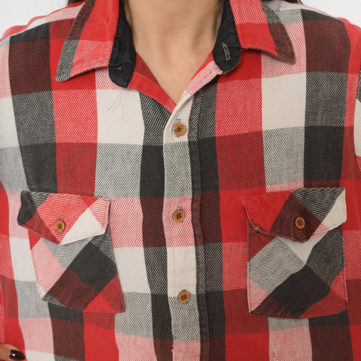 80s Buffalo Plaid Flannel Shirt Red Black White Cotton Button Front Medium